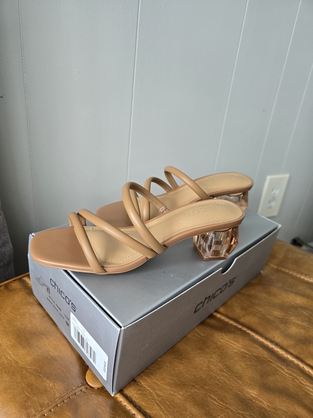 Chico's Nude Strappy Sandals with Clear Chunky Geometric Heels